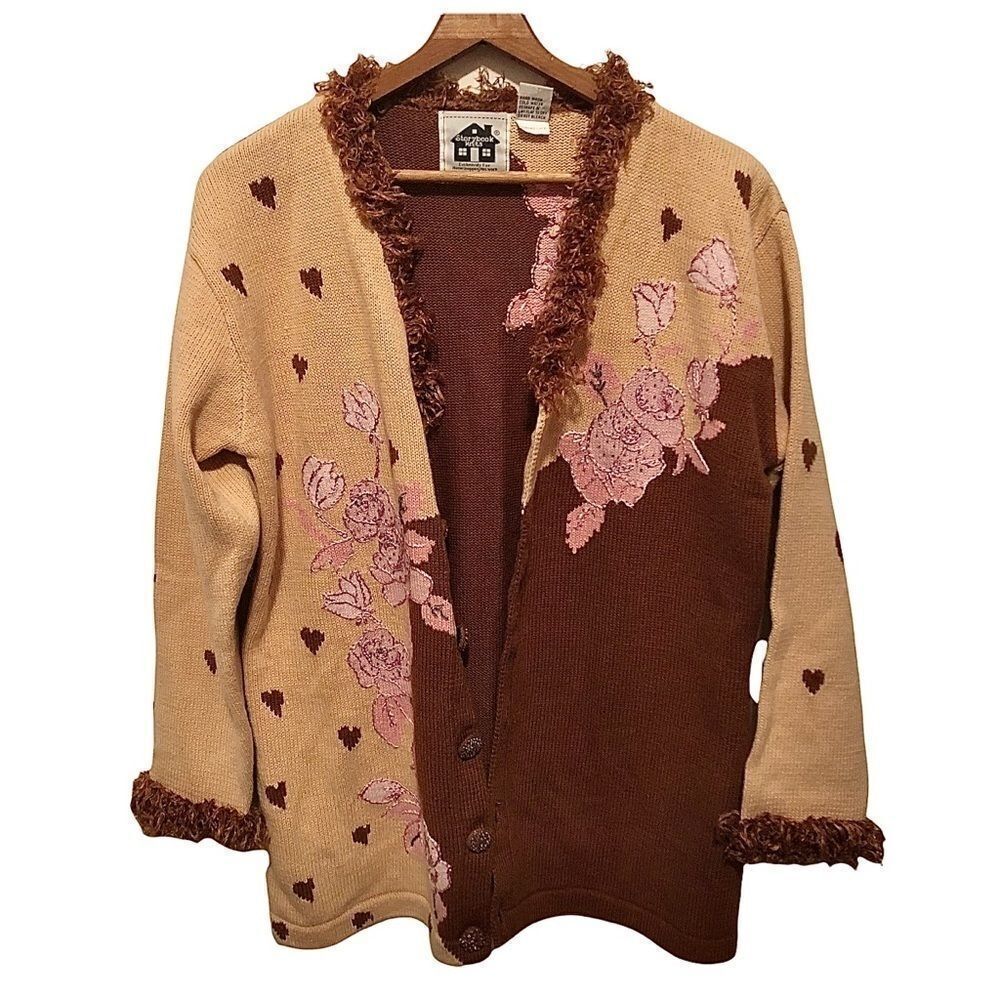 Storybook Knits Cardigan Sweater - Vibrant Floral Theme - Size Medium Brown Tan